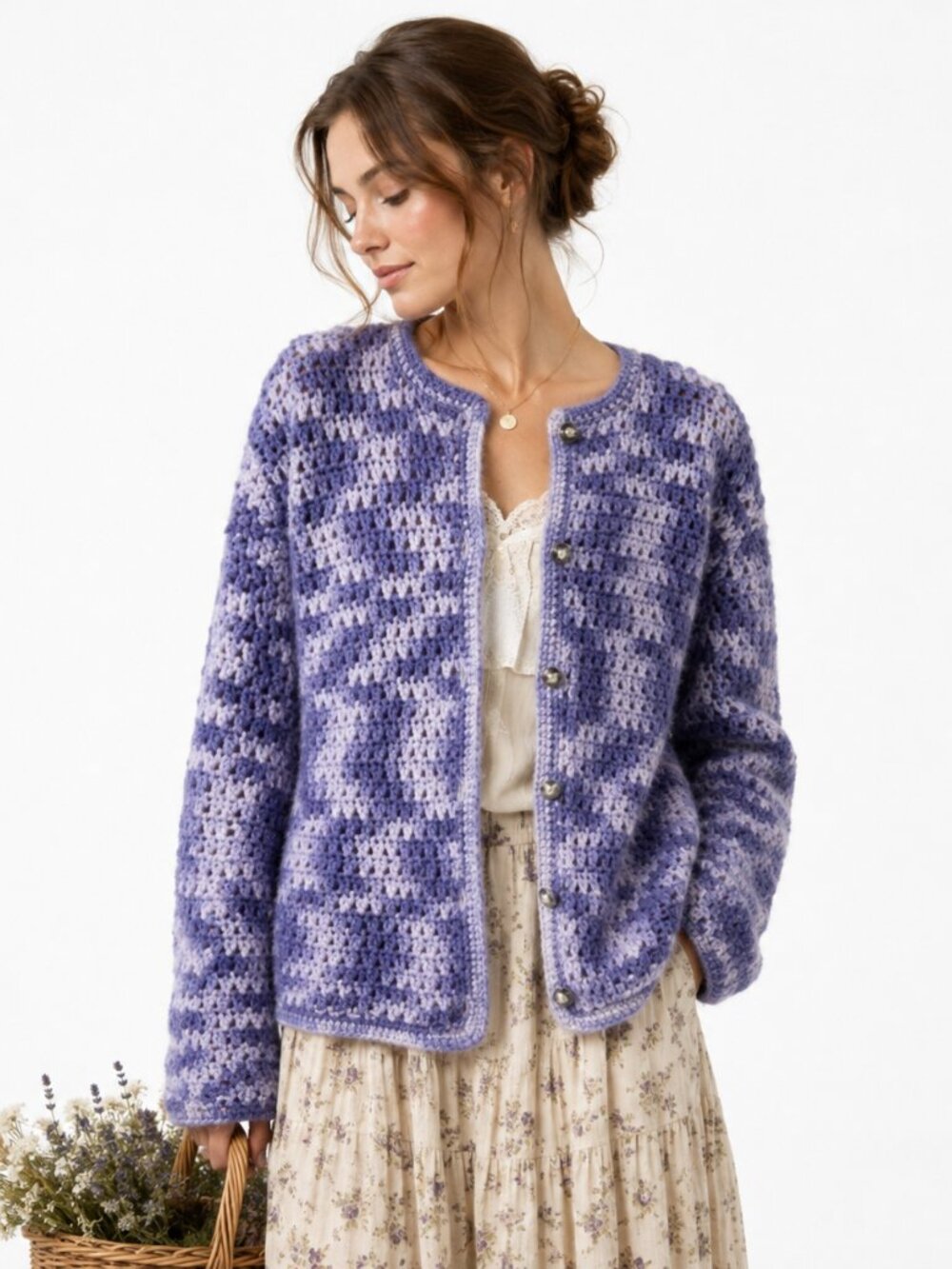 Hand Knit Cardigan Womens L Purple Chunky Crochet Boho Cottagecore